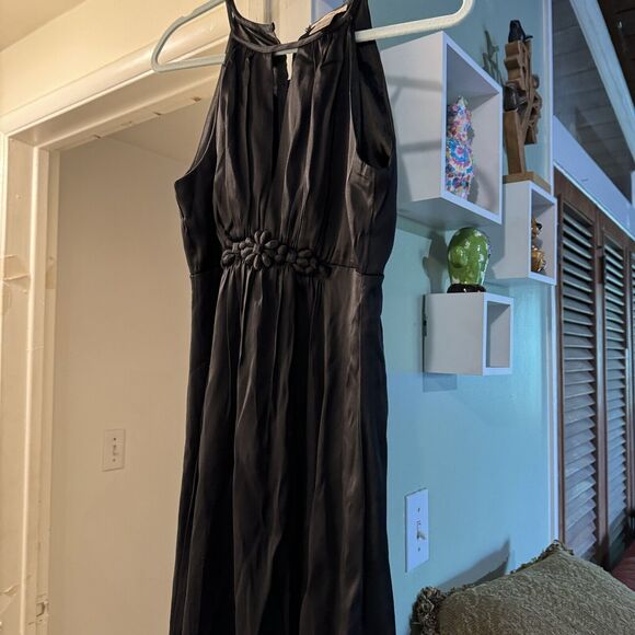 Esley Women's Black Floral Waist Satin Halter Dress Knee Length Size Small - Picture 2 of 12